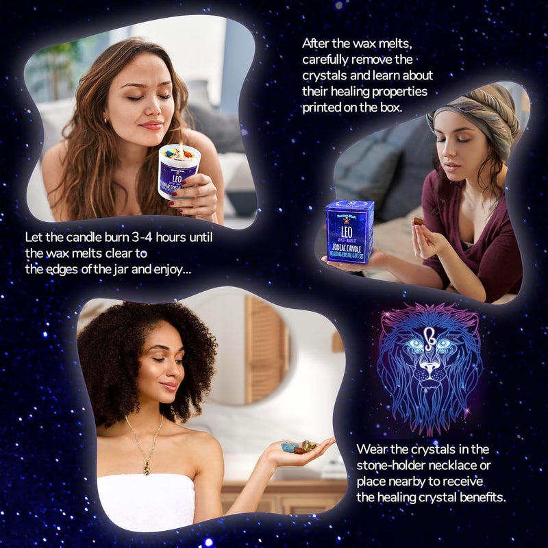 Dancing Bear Leo Zodiac Candle Gift Box Set with 3 Healing Crystals & Stone Holder Necklace, 100% Soy Scented Wax, Crackling Wood Wick, 45 Hour Burn Time - Image 4